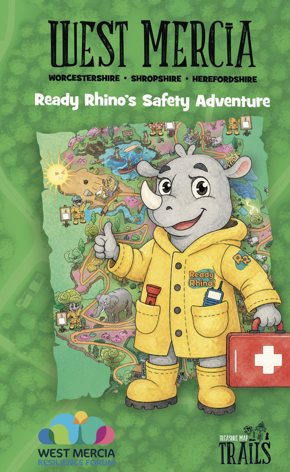 Front cover of the West Mercia children's Community Risk Register, featuring Ready Rhino in front of an illustrated map
